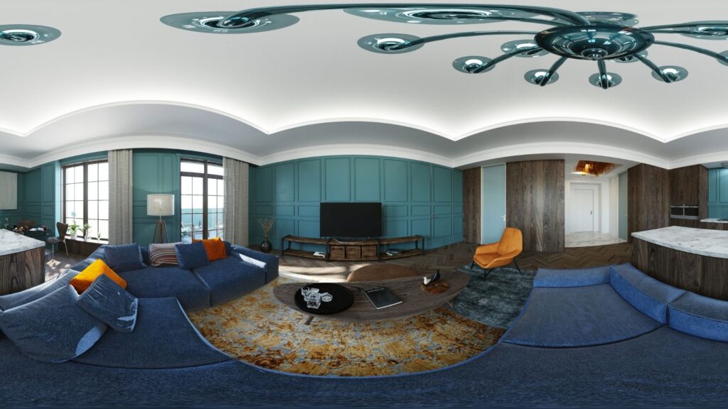 Example of a 3D virtual tour guiding a viewer through an open plan living room.