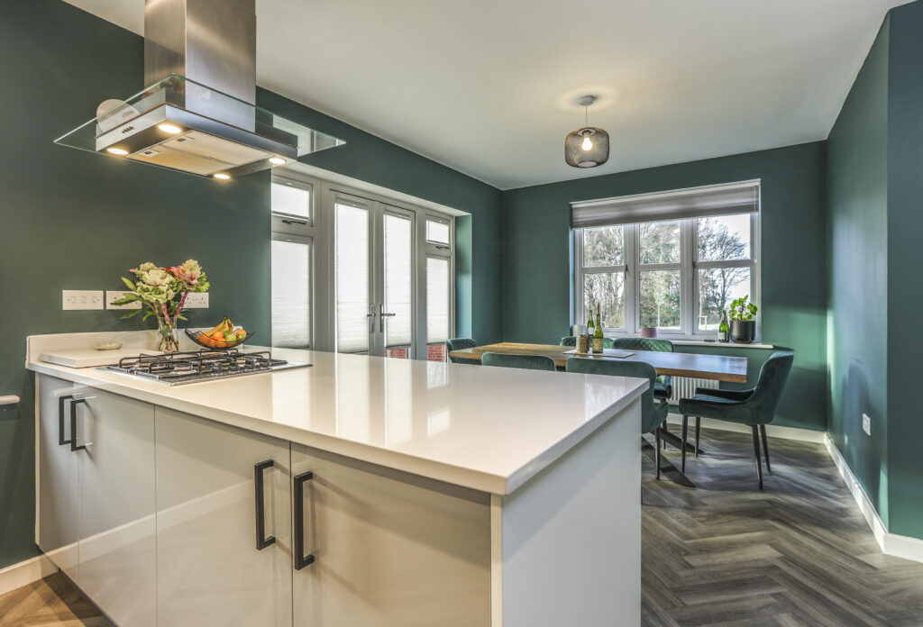 Professional photo of modern kitchen and dining room
